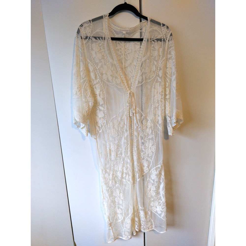 Womens Floral Lace Mesh Kimono Duster Size S Tie Front Boho Whimsy Cottage Fairy